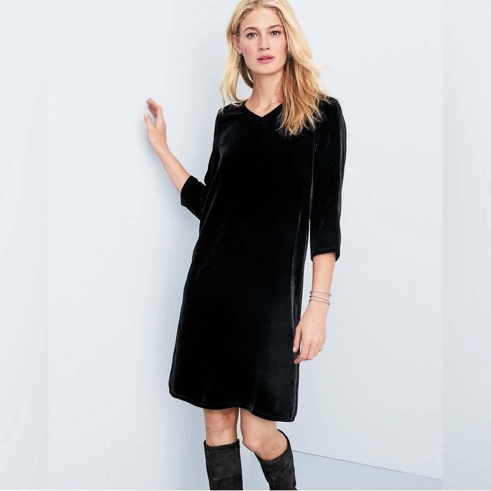 Eileen Fisher Black Velvet V-Neck Shift Dress 3/4 Length Sleeves Size Small